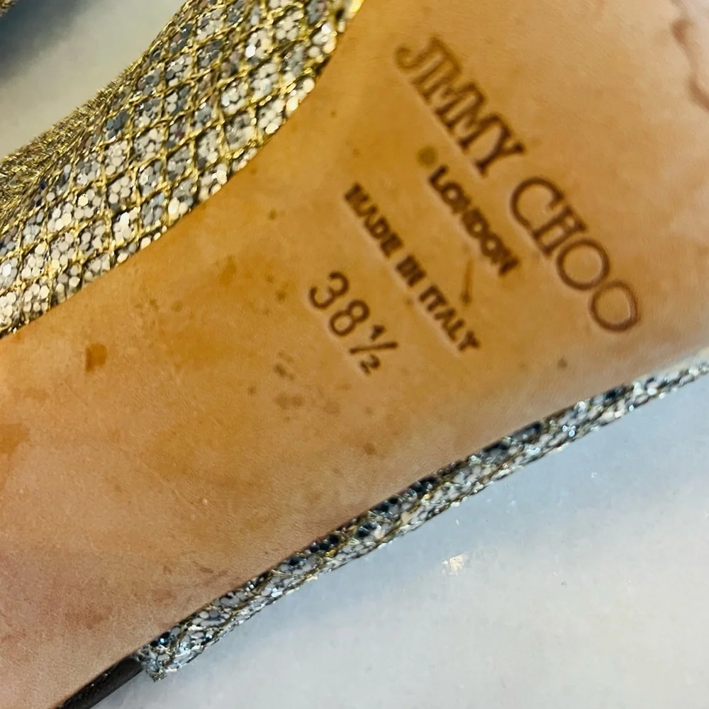 Jimmy Choo 38.5 Nova Champagne Glitter Gold Silver Peep Toe Sling Back Heels